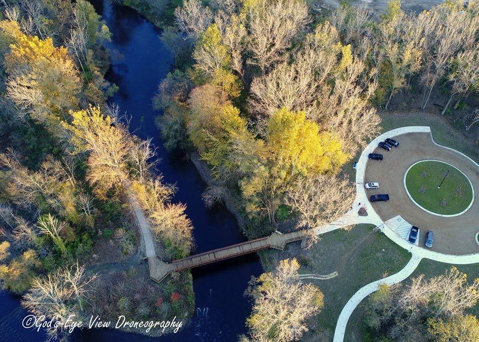 Overhead photo of bridge to parking lot